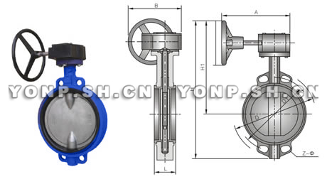 D371X/F/J/H/S-10/16C(Q/P)對夾式蝸輪(襯膠)脫硫蝶閥外形尺寸圖