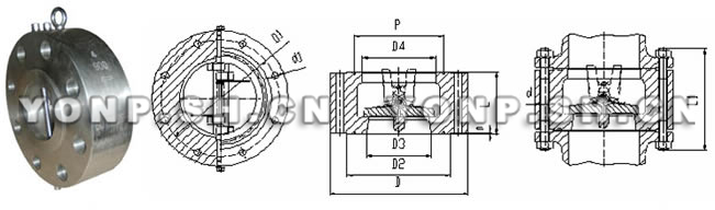 凸耳對(duì)夾雙瓣旋啟式美標(biāo)止回閥外形尺寸圖