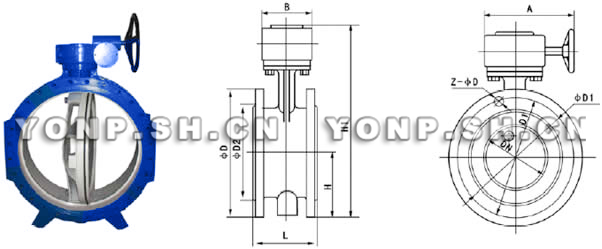 D342X軟密封蝸輪法蘭偏心蝶閥外形尺寸圖